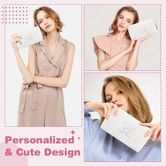 Bride Gifts – Personalized Initial Makeup Bag with Pearl Rhinestone Patch, Prepp - Picture 3 of 7